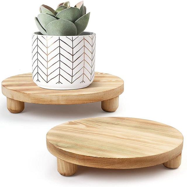 Wood Riser for Decor, 2 Pack Wood Pedestal Stand for Display, Round Wooden Tray for Kitchen Counter, Wooden Pedestal Stand for Plant Pot Indoor