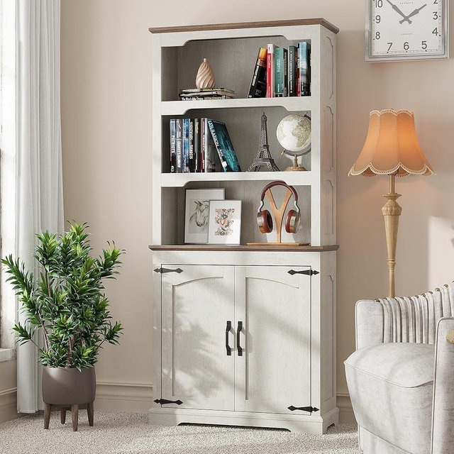 TRONLEE Tall Bookcase, 70 inch Height, 5-Tier Open Storage Shelf, 31.5 in Wide Standing Bookshelves for Home, Office, Bedroom, School, Library, 31.5W * 11.81D *70H (White Espresso, Wooden Door)