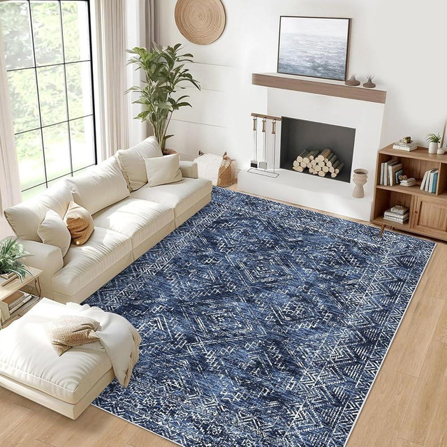 GarveeHome Washable Rug 9x12 Area Rug for Bedroom Modern Living Room Rug Non Slip Large Area Rug Soft Non Shedding Throw Rugs Stain Resistant Carpet for Office Dining Room Nursery Navy 9'x12'