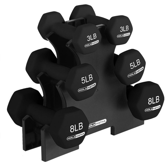 HolaHatha Neoprene Hex Dumbbell Free Hand Weights Home Gym Full Body Strength Training Equipment Set with Storage Rack, Pair of 3, 5, 8 Pound, Black