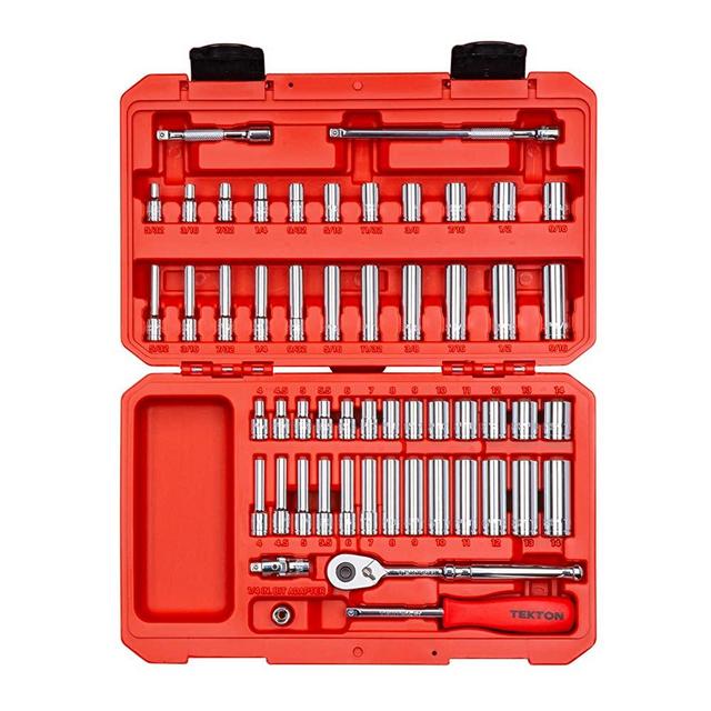TEKTON 1/4 Inch Drive 6-Point Socket & Ratchet Set, 55-Piece (5/32-9/16 in., 4-14 mm) | SKT05301