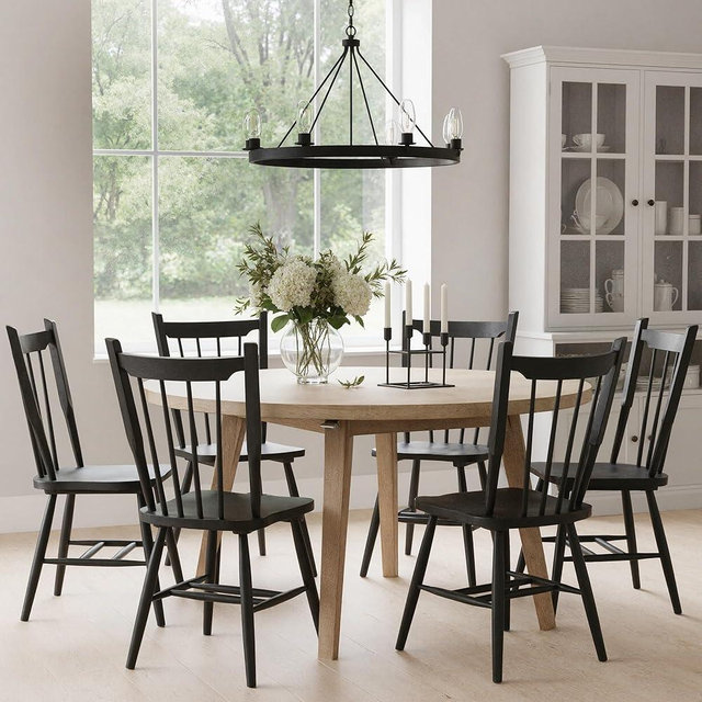 HNY Black Windsor Dining Chairs Set of 6, Farmhouse Wooden Kitchen Chairs with Spindle Back, Mid Century Modern Armless Kitchen Side Chair for Dining Living Room Restaurant