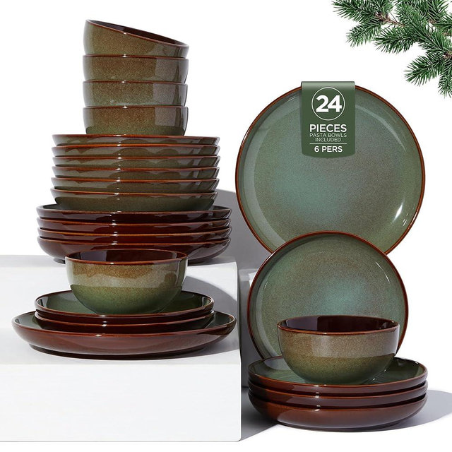 Pokini 24 Piece Double Bowl Dinnerware Sets with Pasta Bowls, Highly Chip and Crack Resistant Plates and Bowls Sets, Natural Earthyware Ceramic Dishware Sets, Service for 6 Sage Green