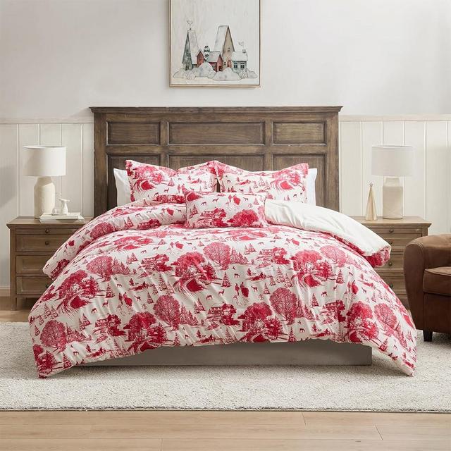 Hallmark - King Comforter, 4-Piece Holiday Comforter Set with Shams and Decorative Pillow (Red Toile, King)