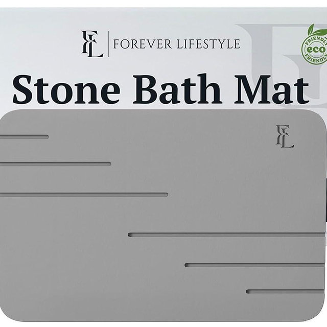 Diatomaceous Earth Stone Bath Mat 24x15 | 3-Piece Set with 2 Caddies | Ultra Absorbent Fast Dry Bathroom Mat | Odor Resistant, Non Slip, Instant Drying Mat for Home & Shower (Dark Grey-Subtle)