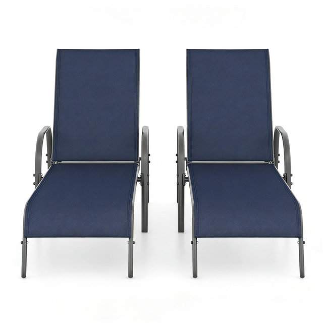 Gymax 2PC Adjustable Outdoor Patio Chaise Lounge Chair with Fabric Upholstery and Reclining Armrests for Poolside Relaxation Navy