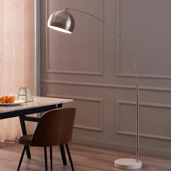 Arc Floor Lamp for Living Rooms, Home Offices, Dining Rooms, Bedrooms with Faux White Marble Base and Nickel Bell Shade