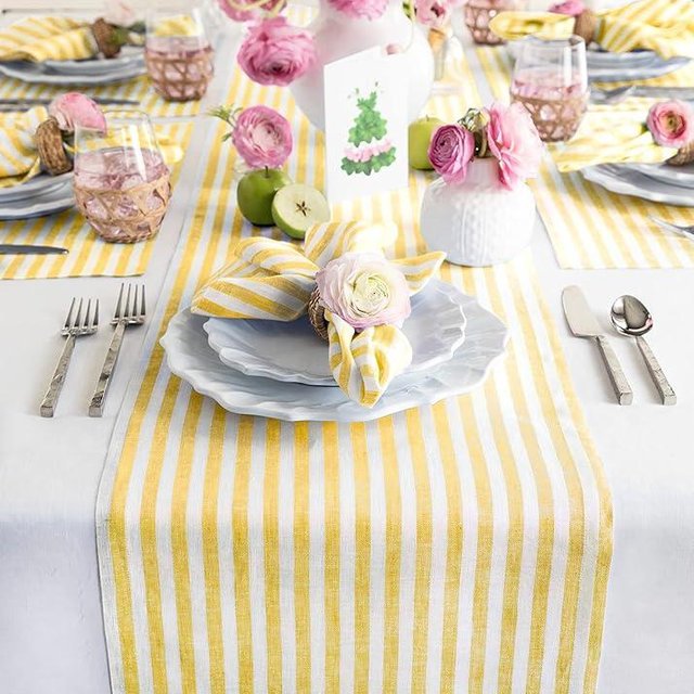 Solino Home Table Runner 60 Inches - Amalfi Stripe 100% Pure Linen Primrose Yellow and White Farmhouse Table Runner 14 x 60 Inch Ideal for Dresser and Coffee Tables - Spring, Summer