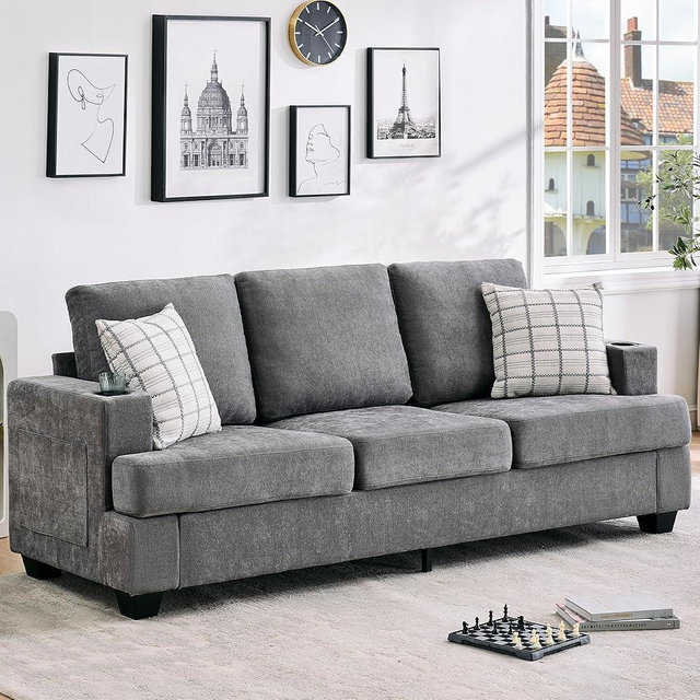 GarveeHome Modern 89 in 3-Seater Sofa for Living Room, Comfy Couches with Deep Seat, Chenille Couch with Cup Holders and Side Storage Pockets for Apartment Lounge, Grey