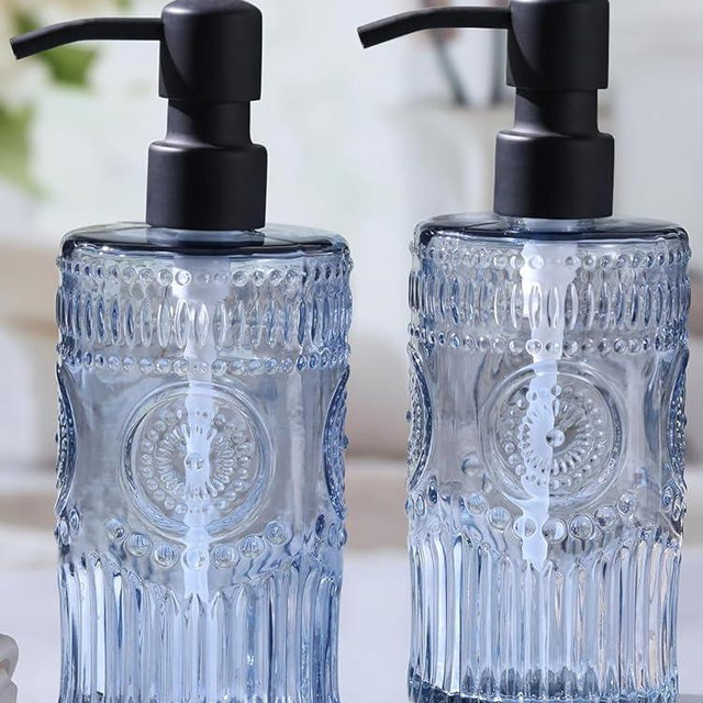 Simeitol 17 OZ Blue Glass Soap Dispenser with Black Stainless Steel Pump, Sunflower Embossed Glass Soap and Lotion Dispenser Set, Liquid Hand Soap Dispenser for Kitchen & Bathroom (2 Pack)