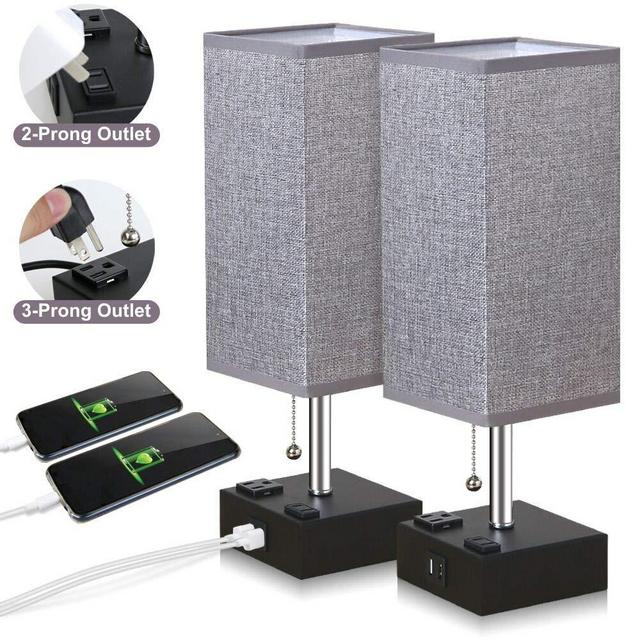 ZEEFO USB Table Lamp, Gray Square Fabric Shade Bedside Table Lamp with Two AC Outlet Fast Dual USB Charging Ports, Modern Design Desk Lamp Ideal for Bedroom,Office,Guest Room, Kids Room (Set of 2)