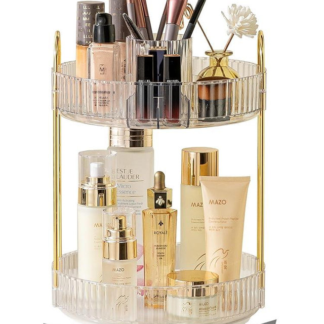 Asayuee 360 Rotating Makeup Organizer,2 Tier Large Capacity Make Up Organizers and Storage,Skincare Perfume Vanity Organizers,Bathroom Cosmetics Storage Organizer Countertop(Clear)