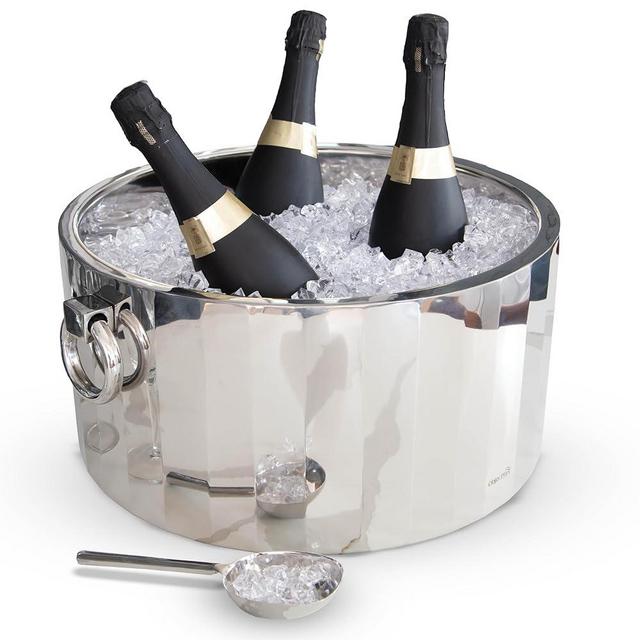 Insulated Ice Bucket for Parties by Objet D’Art, Large Champagne & Wine Ice Bucket with Scoop, Bar Ice Bucket, Mirrored Finish, Double Walled Stainless Steel Metal Ice Bucket, Sevilla, 16 x 7.5 in