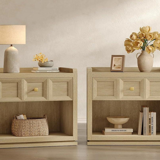 SICOTAS Night Stand Set 2, 26" Wide Nightstands with Drawer, Large Queen Size Nightstands Set of 2, Modern Bedside Table for Bedroom, Side End Table (Coastal Oak, 26 Inch)