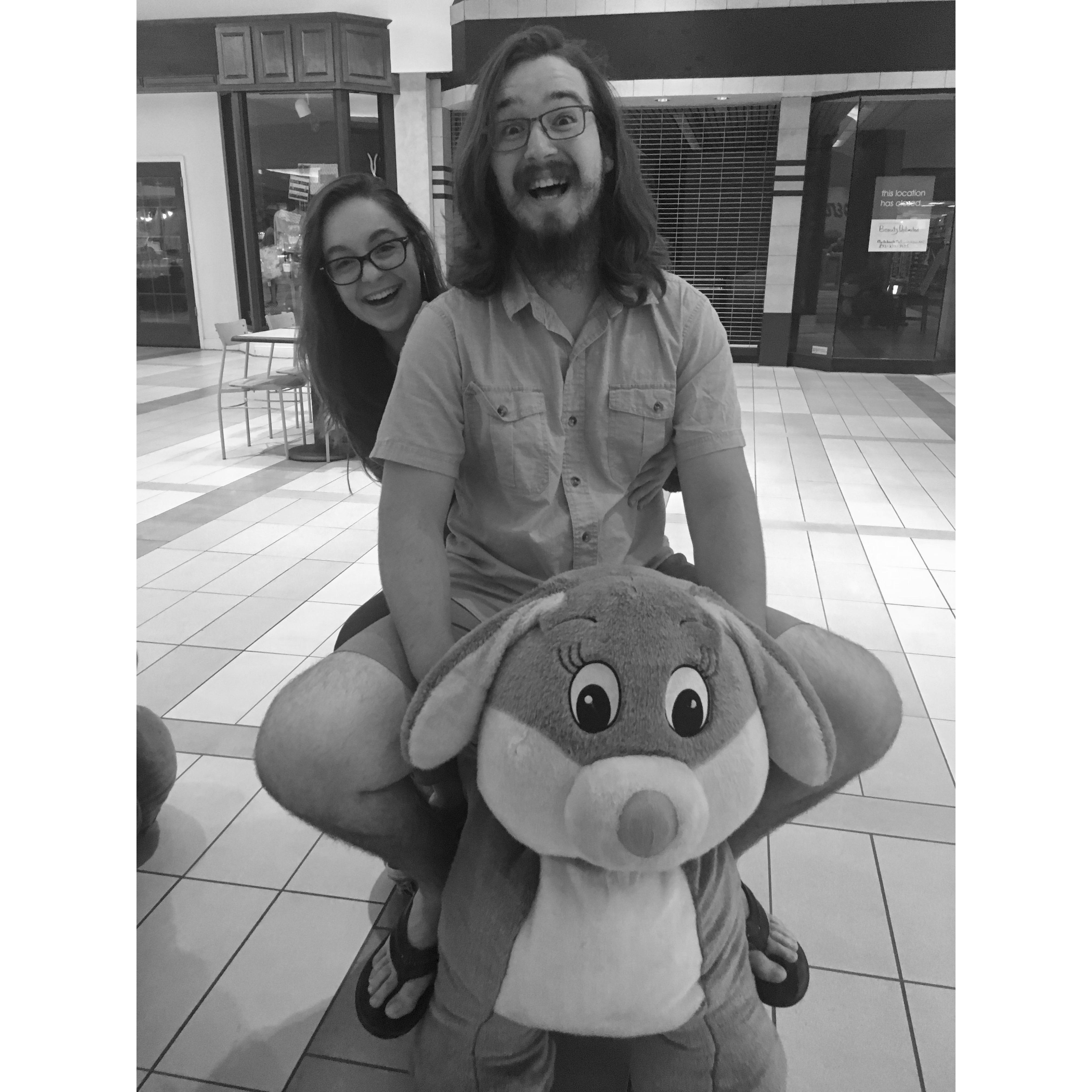 First Family Beach Trip! 
Yes, we are riding a large stuffed animal in the mall! (2017)