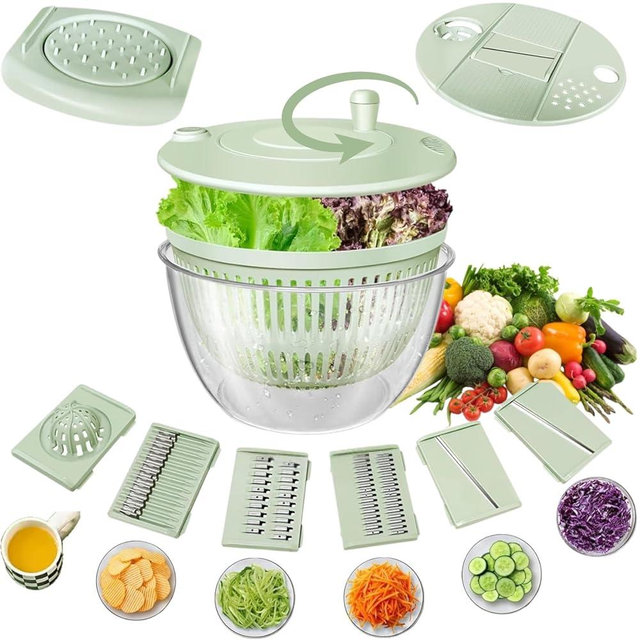 Salad Spinner large with 5-Blade Slicer, 5.3 Qt Salad Dryer for Washing, Spinning, and Draining Greens, Fruits, and Vegetables, Egg Yolk Strainer, Salad Bowl for Efficient Salad Preparation and Food
