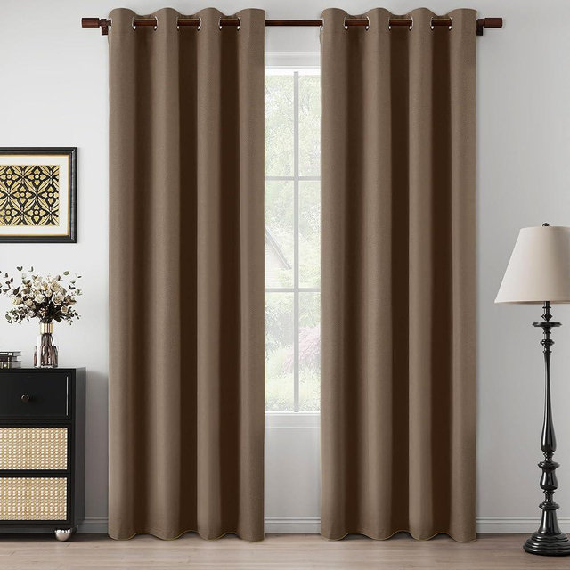 LCOOMZEN 100% Blackout Taupe Curtains 84 Inch Length for Bedroom, Linen Textured Thermal Insulated Soundproof Lightweight Grommet Curtain Panels for Living Room, Warm Taupe, W52 x L84, 2 Panels