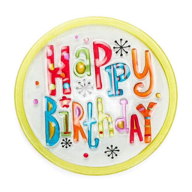 Happy Birthday Round Green Multicolored 11 x 11 Vibrant Glass Accent Plate