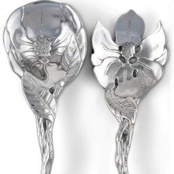 Arthur Court Metal Aluminum Long Magnolia Flower Salad Serving Set- Garden Inspired Heavy Quality Amazing Detail 11"