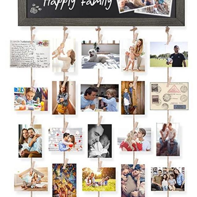 Bikoney Picture Frames Collage Photo Hanging Display Picture Board Wood Rustic Frames for Wall Decor with Blackboard and 30 Clips Weathered Grey