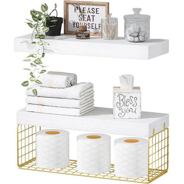 QEEIG Bathroom Shelves Over Toilet - Wall Mounted Floating Shelves Toilet Paper Storage Small Modern Decor Shelf 16 inch Set of 2, White and Gold (019-WG2)