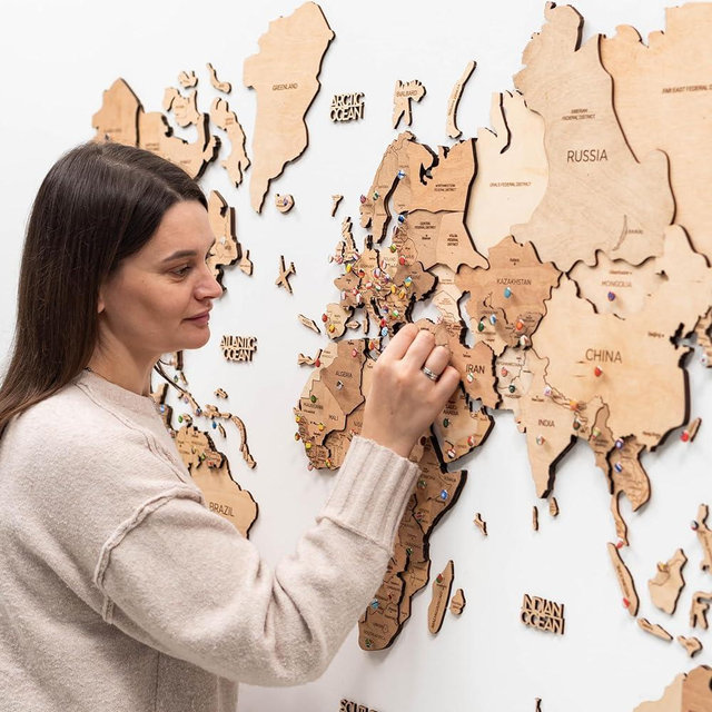 ENJOY THE WOOD 3D Wood World Map Wall Art Large Wood Wall Décor Housewarming Gift Idea Wood Wall Art World Travel Map For Home & Kitchen or Office (Light, L)