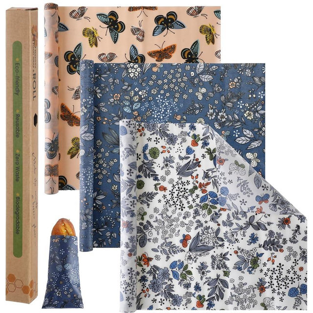 Moukeren 3 Rolls Beeswax Wraps for Food Assorted Organic Cotton Reusable Beeswax Food Wrap Sustainable Wax Paper Beeswax Food Wrappers Plastic Silicone Free for Bread Cheese, 13 x 40"(Butterfly)