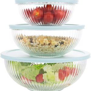 Glass Mixing Bowls with Lids Set of 3(3.7QT, 2.1QT, 1.1QT),Large Kitchen Salad Bowls, Space-Saving Nesting Bowls, Clear Glass Serving Bowls for Cooking,Baking,Prepping,Dishwasher Safe