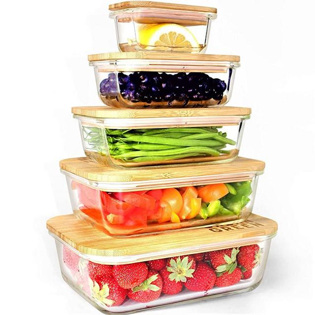 Glass Containers with Bamboo Lids, Glass Food Containers with Lids, Glass Storage Containers, Bamboo Glass Storage Containers, Glass Meal Prep Containers, Oven, Freezer, Microwave Safe, Pack of 5