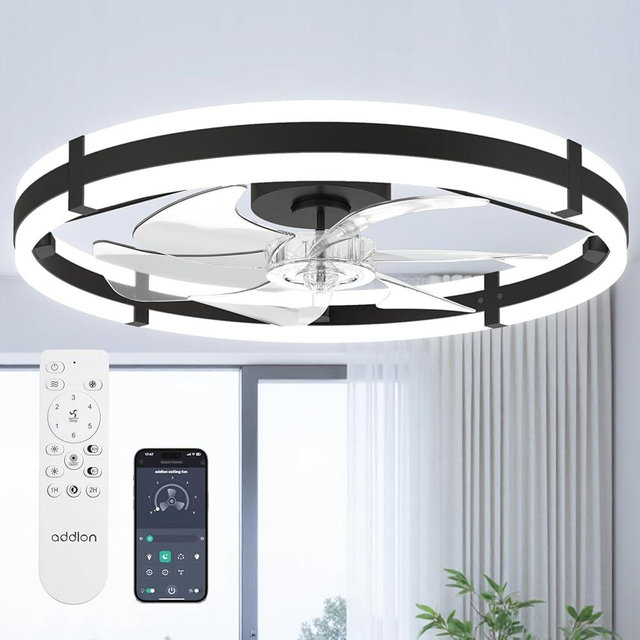 addlon 24'' Ceiling Fans with Lights and Remote, Low Profile Flush Mount Ceiling Fan with Light, 3000-6000K Dimmable LED Fandelier, Modern Small Black Ceiling Fan for Bedroom, Kitchen, Living Room