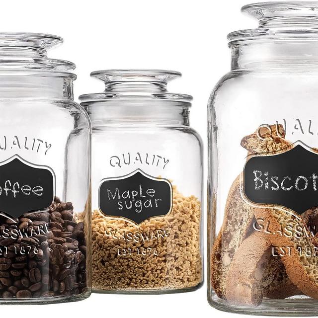 Glass Canister Set for Kitchen or Bathroom, Apothecary Glass Food Storage Jars with Airtight Lid and Chalkboard Labels - Set of 3 Cookie and Candy Jars, Storage Containers, Mother's Day Gift.