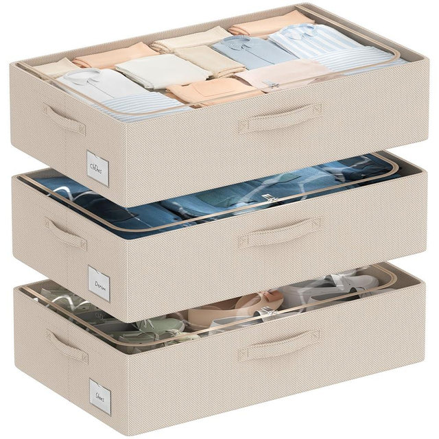 CYhom 3Pcs Under Bed Storage Bins with Metal Frame - Shoe Organizer for Closet with Clear Cover Oxford Fabric Sturdy Underbed Container Foldable Stackable Clothes Organizer (Beige, 23.5x15.7x6.3)