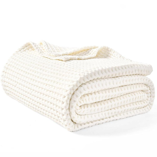 PHF 480GSM 100% Washed Cotton Waffle Weave Blanket, Cozy Breathable Skin-Friendly Throw Queen Size for All Season, Luxury Fall Layer for Couch Bed Sofa,Elegant Home Decor, Coconut White,90"x90"