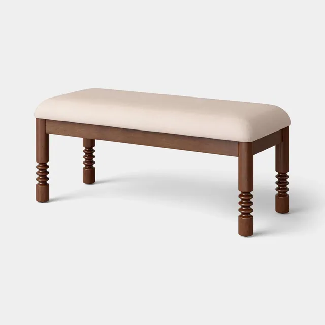 Upholstered Bench with Turned Wood Legs Cream in Performance Fabric - Fully Assembled