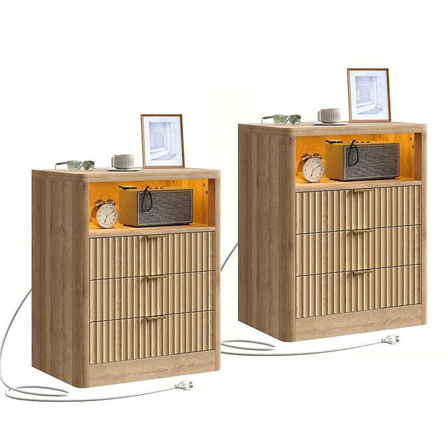FUSOU Fluted Night Stand Set of 2, Nightstands with LED Light & Charging Station, End Table with 3 Storage Drawers, 23” Wide Top, Modern Farmhouse Bedside Tables for Bedroom, Living Room, Natural Oak