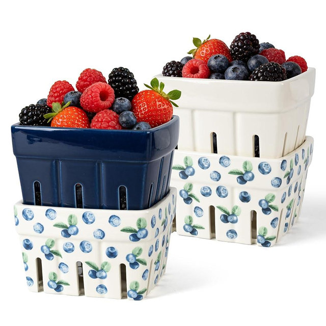 AELS Ceramic Berry Basket, Farmhouse Fruit Bowl Container for Fruit & Vegetables, Farmers Market, Kitchen Decor, Stoneware Harvest Bowls, Set of 4, Navy Blueberry