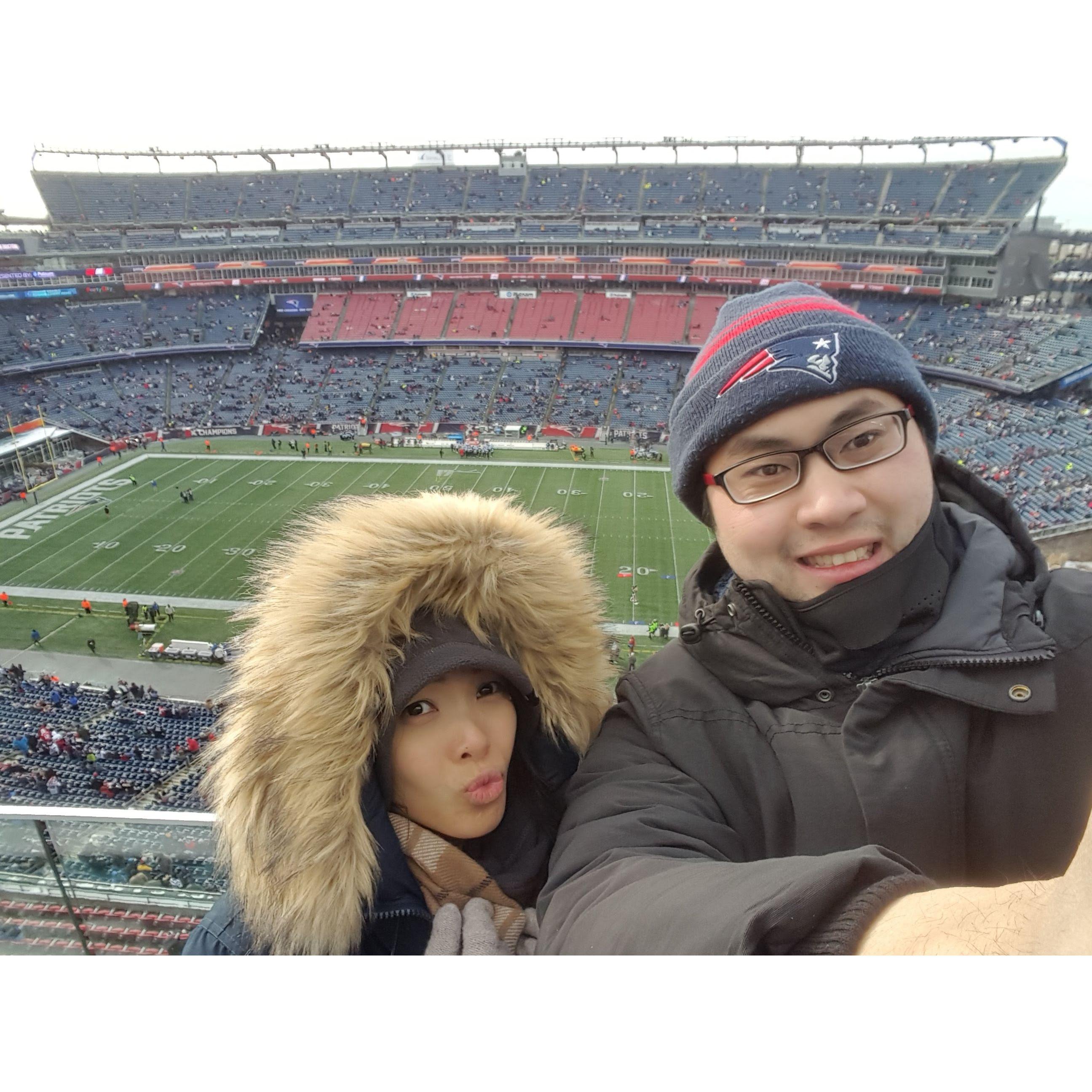 Surviving the cold at the Pats game!