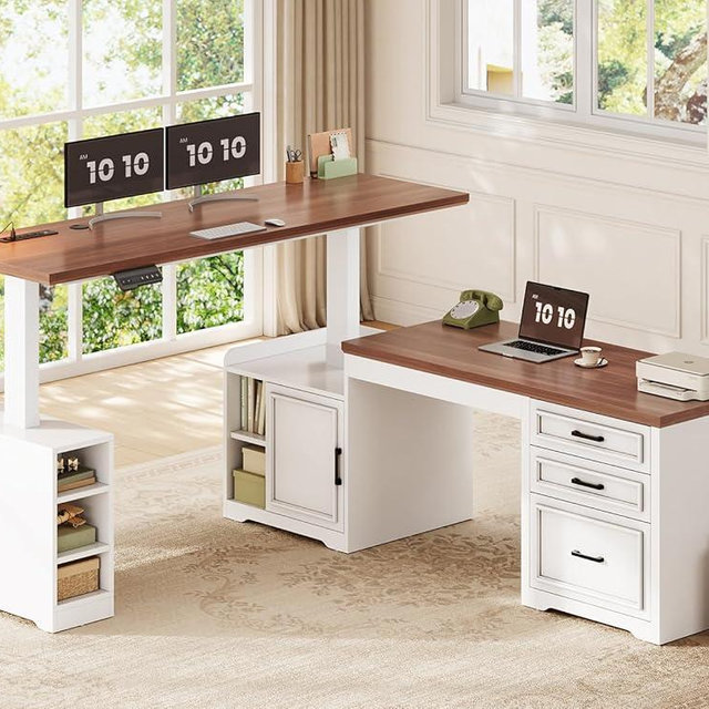 SEDETA Farmhouse L Shaped Electric Standing Desk, 63" x 67" Height Adjustable Home Office Executive Desk with Drawers and Shelves, Standing Computer Desks with Power Outlet for Home Office, White