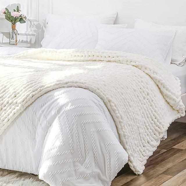 Chunky Knit Blanket Throw 50x60, Soft Chenille Yarn Giant Knitted Throw Blanket, Big Knit Blankets Chunky, Thick Cable Knit Throw, Large Rope Knot Crochet Throw Blankets for Couch Bed Sofa (Ivory)