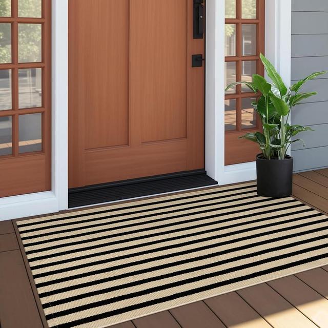 OJIA Outdoor Porch Rug Front Door Mat 24'x51, Washable Black and Tan Striped Outdoor Rugs Front Door Rug Cotton Woven Kitchen Rugs Small Area Rugs for Entryway Patio Bedroom Bathroom