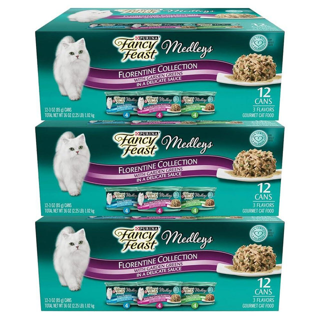 Fancy Feast Elegant Medleys Florentine Collection Cat Food Variety Pack 12-3 oz. Cans [Contains: 4 Each: Turkey Florentine, Tuna Florentine & White Meat Chicken Florentine] (3 Cases of 12 cans)