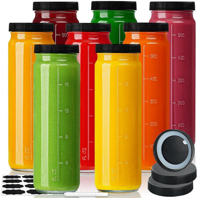 Huichuiero [8 Pack] 20 Oz Glass Juicing Bottles w Airtight Lids - Reusable Drinking Jars w Scale, Travel Water Cups - Tall Mason Jar for Juice, Boba, Smoothie, Vanilla Extract(Extra 3 Lids)