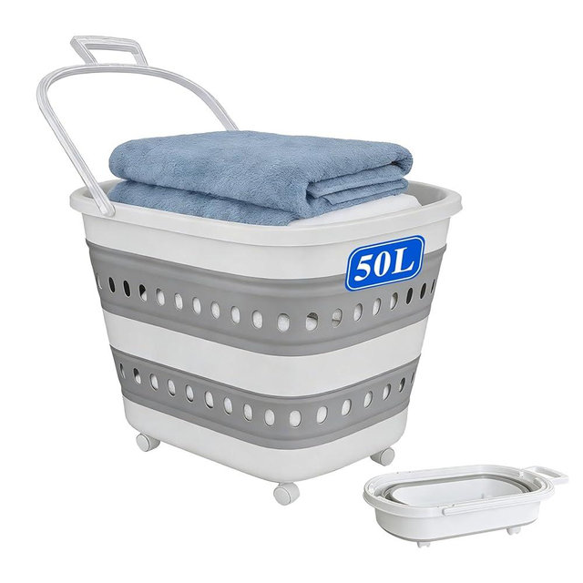 50L Collapsible Plastic Laundry Basket Hamper with Wheels, Foldable Laundry Basket with Handles, Pop Up Storage Container Organizer for Washing Storage