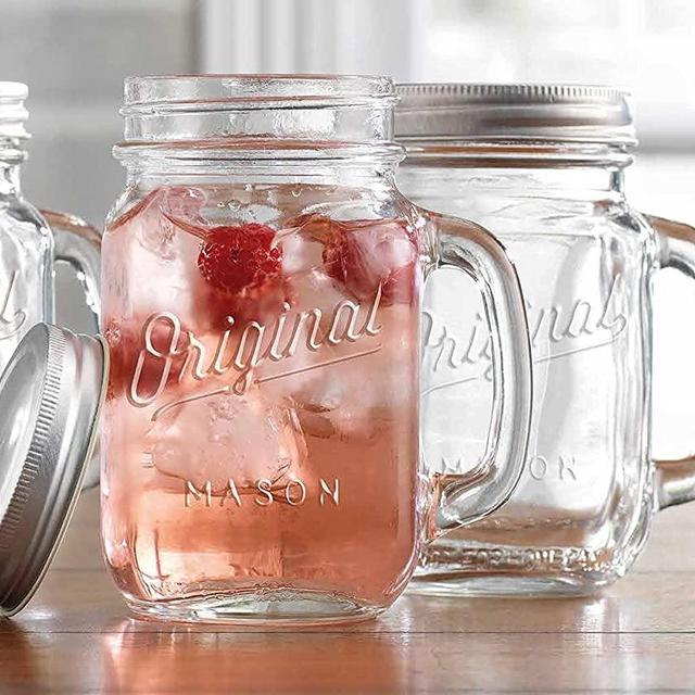 Mason Jar 16 Oz. Glass Mugs with Handle and Lid Set Of 4 Glaver's Old Fashioned Drinking Glass Bottles Original Mason Jar Pint Sized Cup Set.