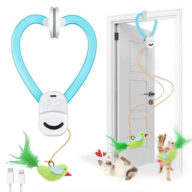 CATPICK Interactive Cat Toys for Indoor Cats Automatic Electric Flying Bird Feather Wand Toy - Best Kitten & Adult Cat Enrichment Stimulation Toy Hanging Electric Kitty Toys for Bored Cats（Blue White）