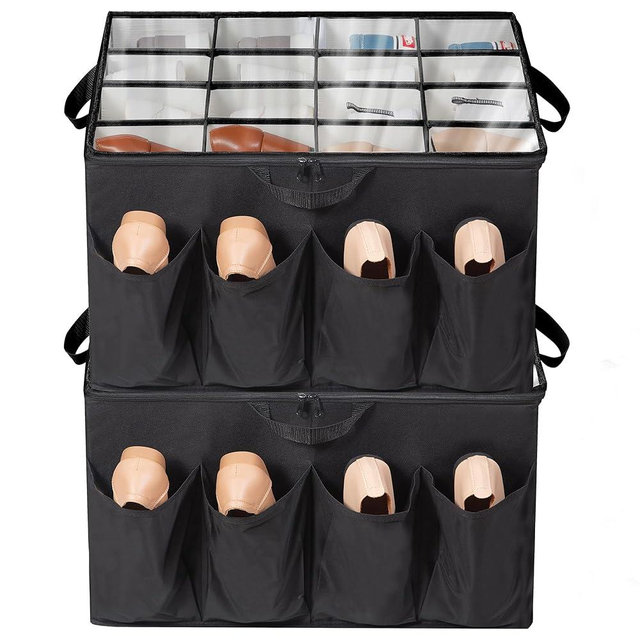 STORAGEIDEAS Shoe Organizer for Closet, Shoe Storage Solution with Clear Cover & Adjustable Dividers, Fabric Shoe Box Fits 16 +8 Pairs Shoes, Black, 2-Pack