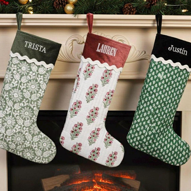 Personalized Quilted Christmas Stocking, Custom Block Print Holiday Stocking with Velvet Cuff Embroidered Name
