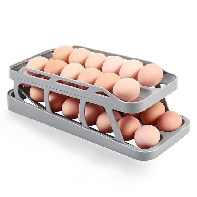 TUSGENK Egg Holder Dispenser, Double Rows Automatic Egg Roller Refrigerator Rolling Eggs Storage with 2 Tier Space Saving Egg Tray For Refrigerator (Grey)