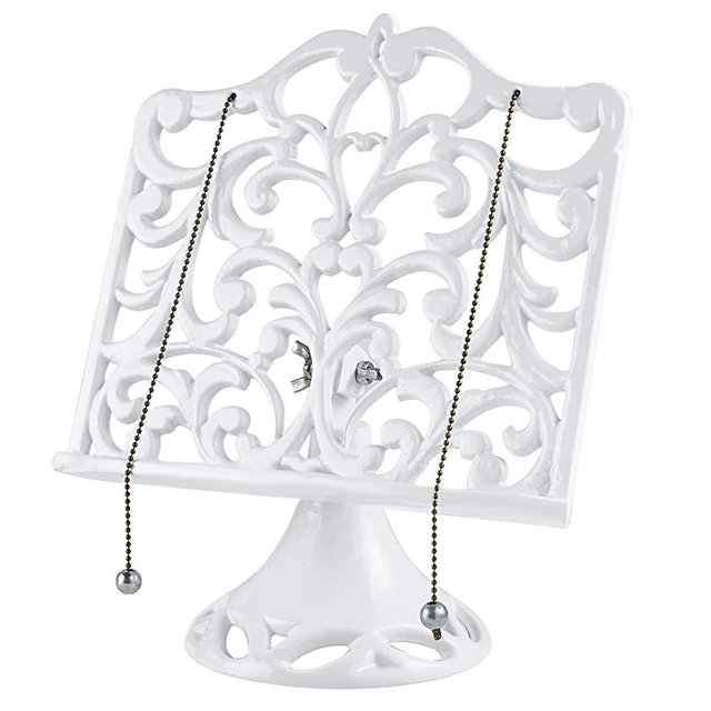 Cast Iron Cookbook Stand, Adjustable Decorative Metal Cookbook Recipe Holder for Cookbooks or iPad Stands for Kitchen, White