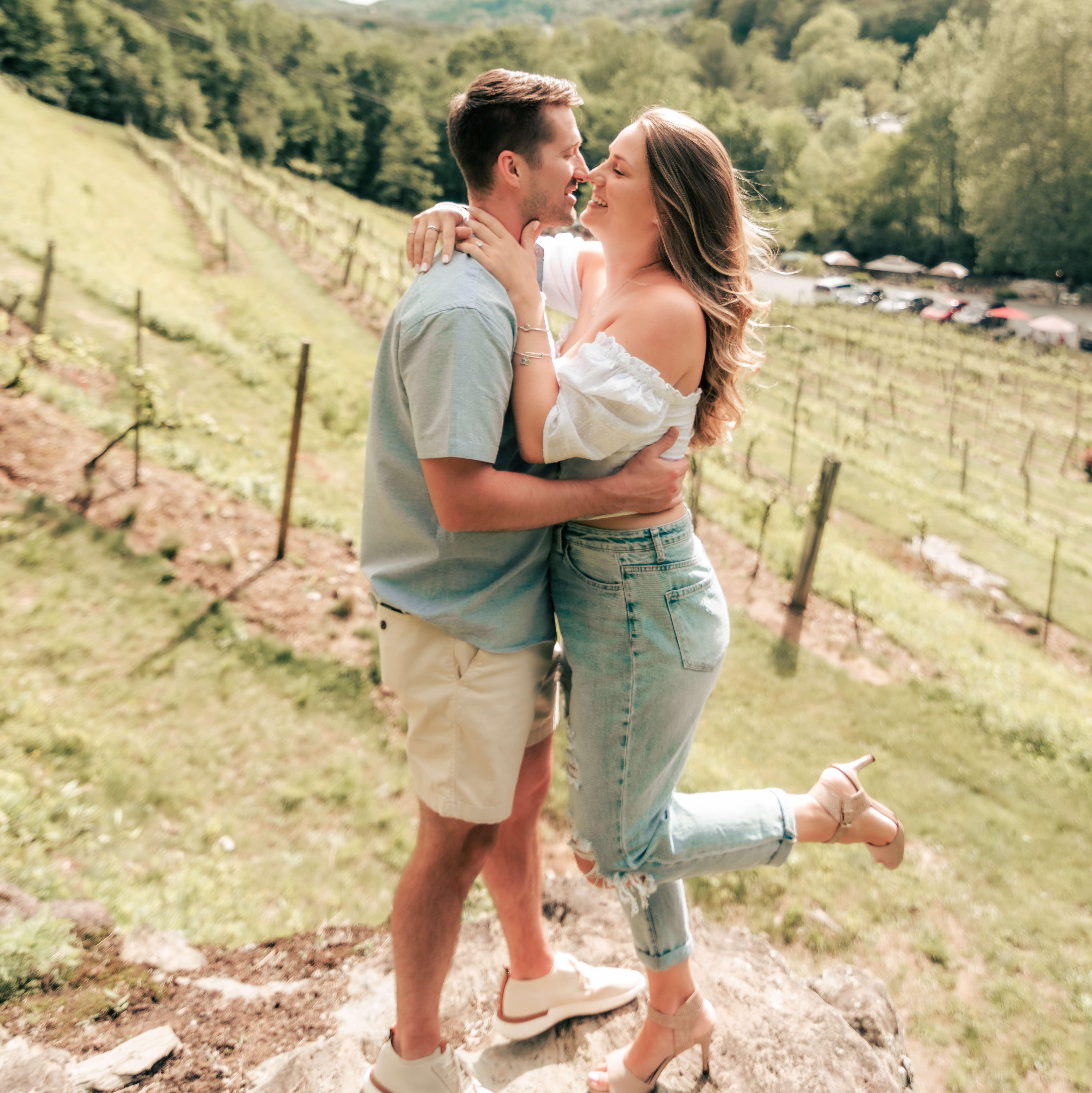 Engagement photo at Grandfather Vineyard